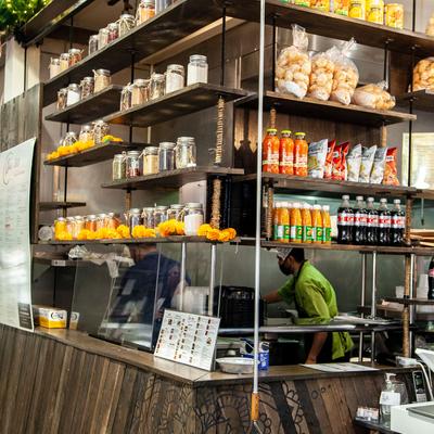Interior, restaurant products on shelves