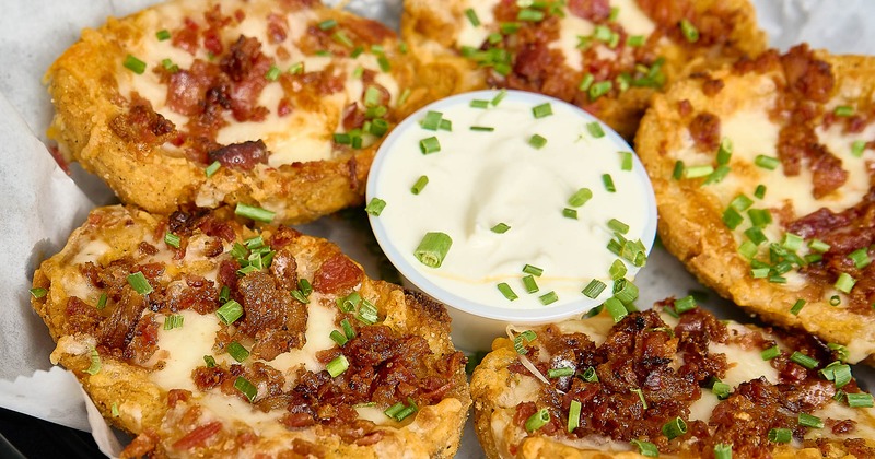 Potato Skins, with cheddar, pepper jack, bacon, and sour cream