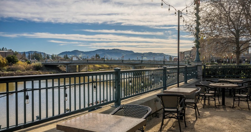 Exterior seating area with a view