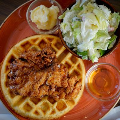 Chicken and waffles, top view