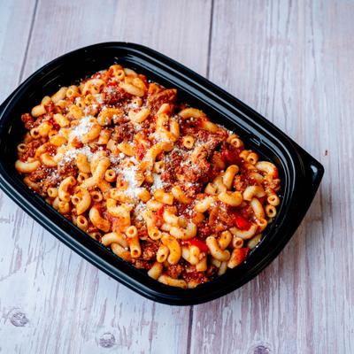 Macaroni pasta with beef and tomato sauce.