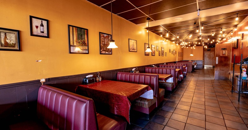 Interior, seating area, booths