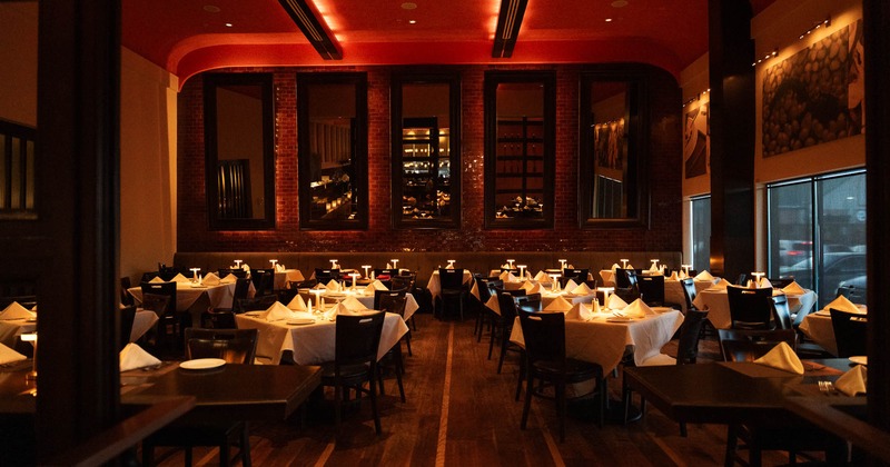 Interior dining space, tables and chairs