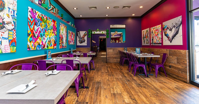 Interior, tables and chairs lined up