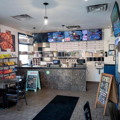 Boardwalk Pizza interior, order counter.