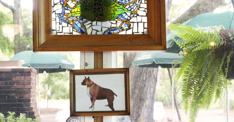 Interior, mosaic painting and photograph hanging by the window