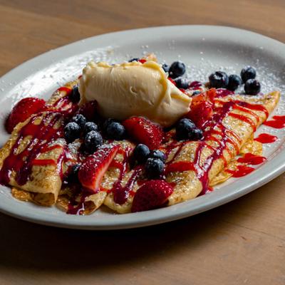 Very berry crepes, close up.