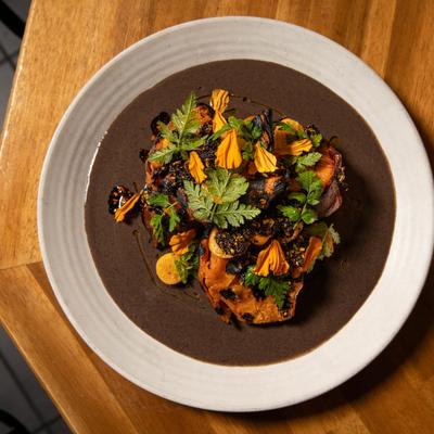 Top view of the plated entree of roasted sweet potatoes.