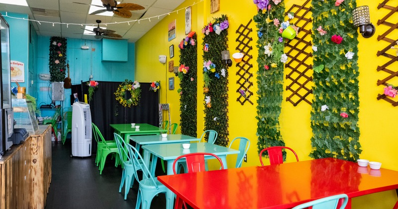 Interior, vibrant seating space