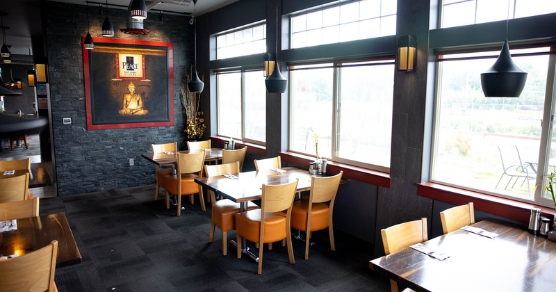 Interior, dining tables next to windows