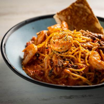 Shrimp pasta and creamy red sauce