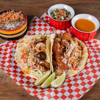 2 large tacos with beans, rice, salsa and pico.