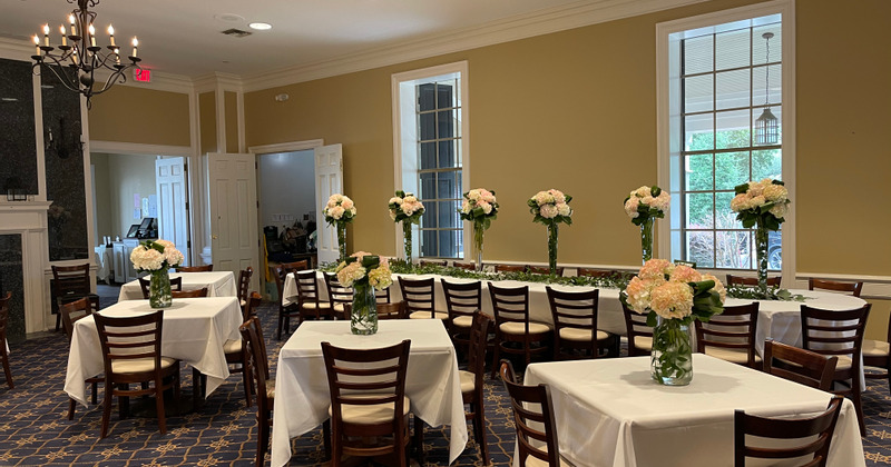Interior, banquet area, set tables and seats