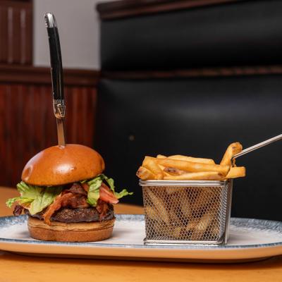 Bacon cheeseburger and fries.