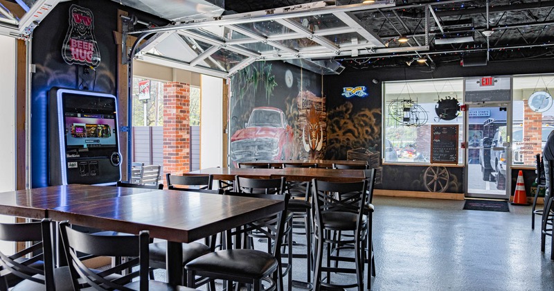 Interior, dining area, high top tables and chairs