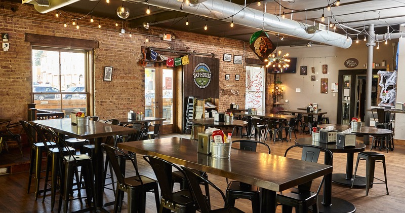 Interior, tables, chairs, various ornaments and decorations, ventilation ducts