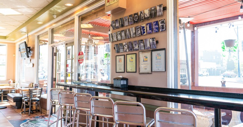 Interior, diner area, bar table, chairs