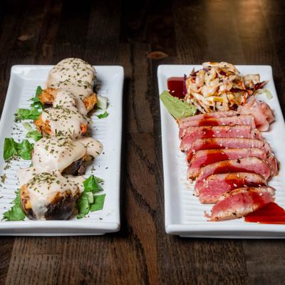 Tuna tataki and crab-stuffed mushrooms.