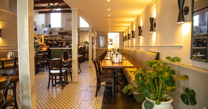 Interior, booths, tables, chairs, side view