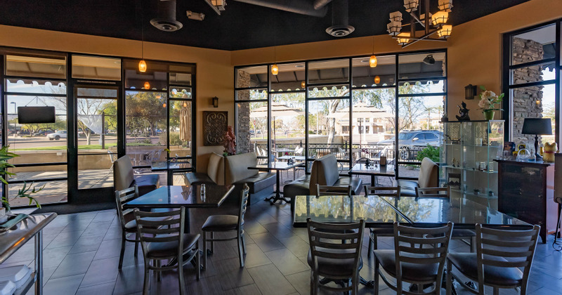Interior, seating area by the large windows