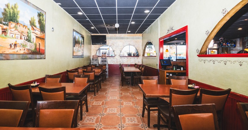 Interior, tables and chairs lined up