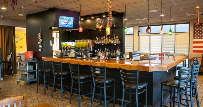 Interior, bar area, bar and bar stools