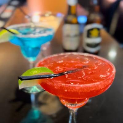 Red and blue cocktails.