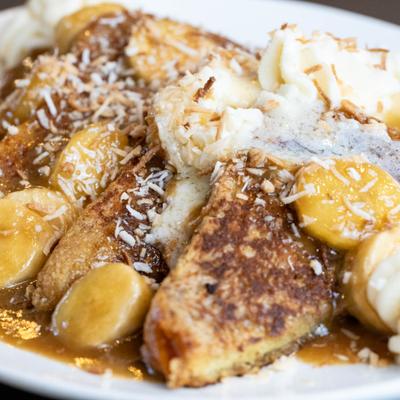 Close up of banana foster french toast.