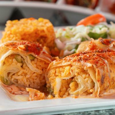 Crispy chimichangas filled with Mexican rice and vegetables.