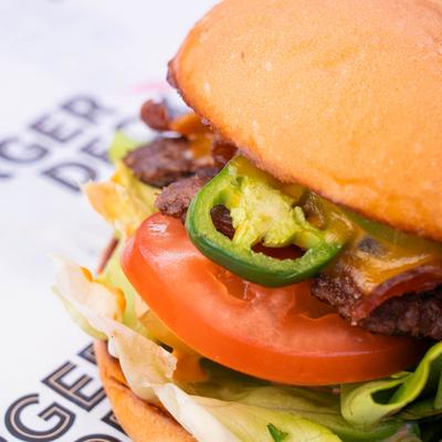 Close-up of the juicy Baja Deck burger.