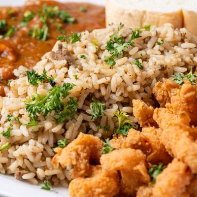 Fried crawfish and crawfish etouffee with dirty rice.