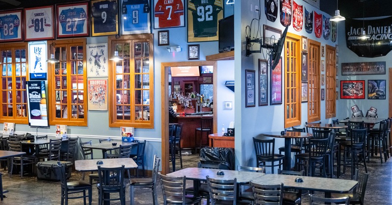 Interior, seating area with sporty decorated walls