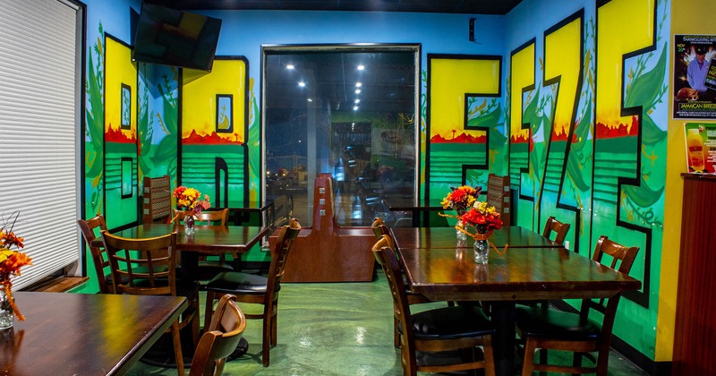 Interior, seating area with tables and chairs