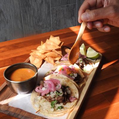 Beef Barbacoa Tacos with chile de arbol salsa.