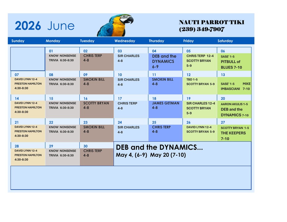 Tiki Hut Events Calendar 