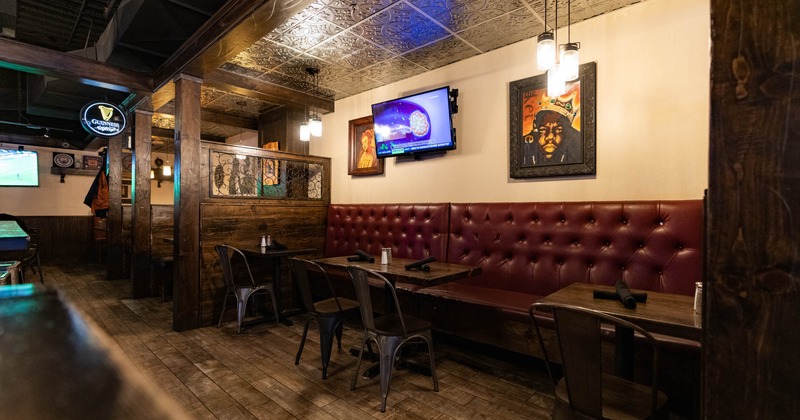 Interior, dining tables and banquette seating, wall decoration