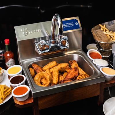 Wings, tenders, mozzarella sticks, waffle fries, onion rings, and dipping sauces.