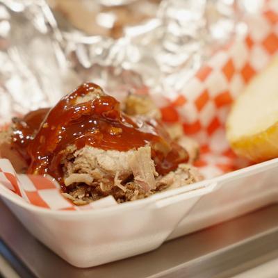 BBQ brisket sandwich, closeup.