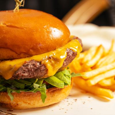 Brightside Burger served with French fries.