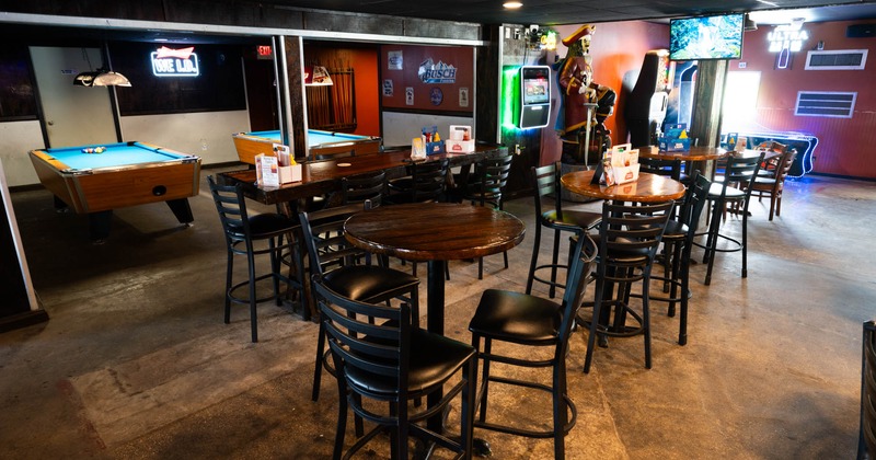 Interior, seating area, tables and chairs