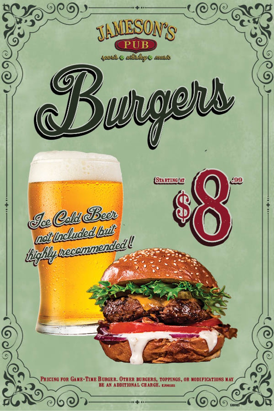 Promotional poster featuring a image of a burger and a glass of beer