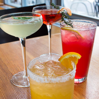 Colorful cocktails displayed on wood table