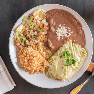 Chicken enchilada, with green salsa, cheese, pico de gallo, rice, and refried beans.