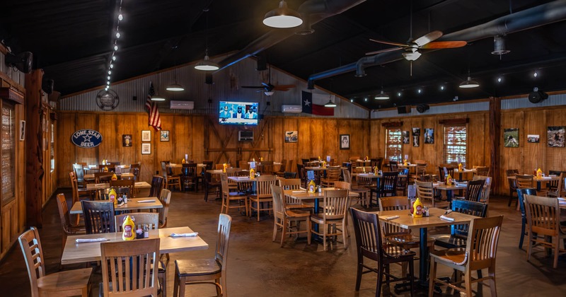 Interior dining and seating area, TV on the wall