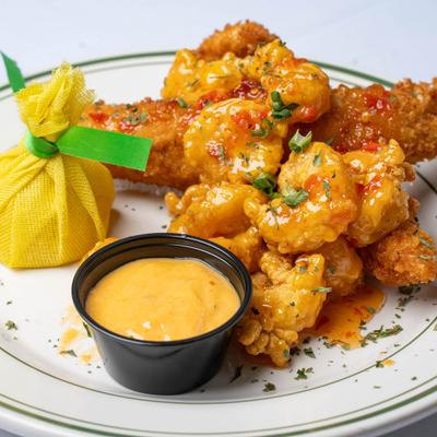 Panko Crusted Catfish topped with Fleur de Lis Shrimp.