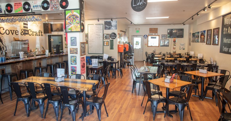 Interior, diner area, tables, chairs, wide view