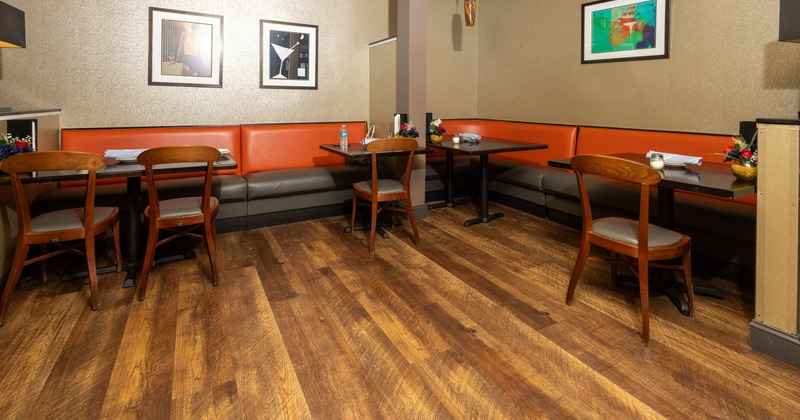 Interior, diner area, booths, chairs