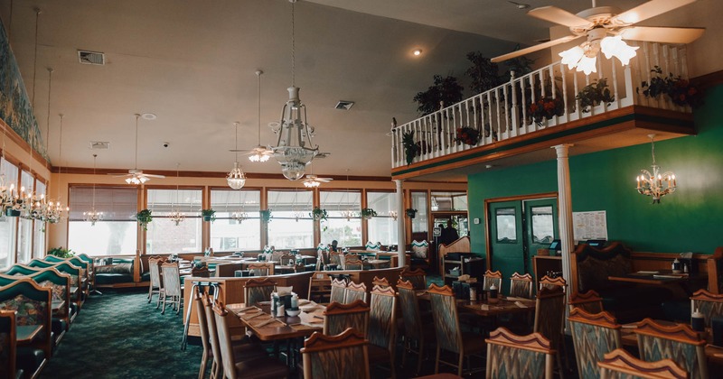Interior, seating area, chandeliers