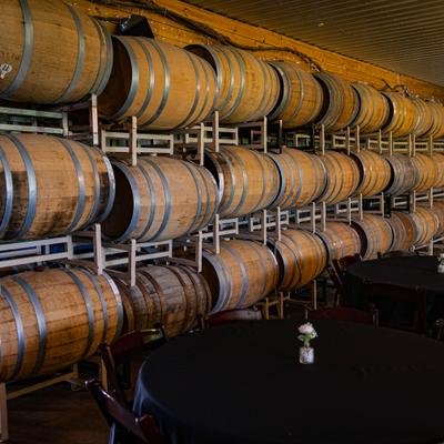 Interior, wine barrels.