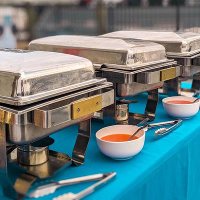 Stainless steel catering trays.